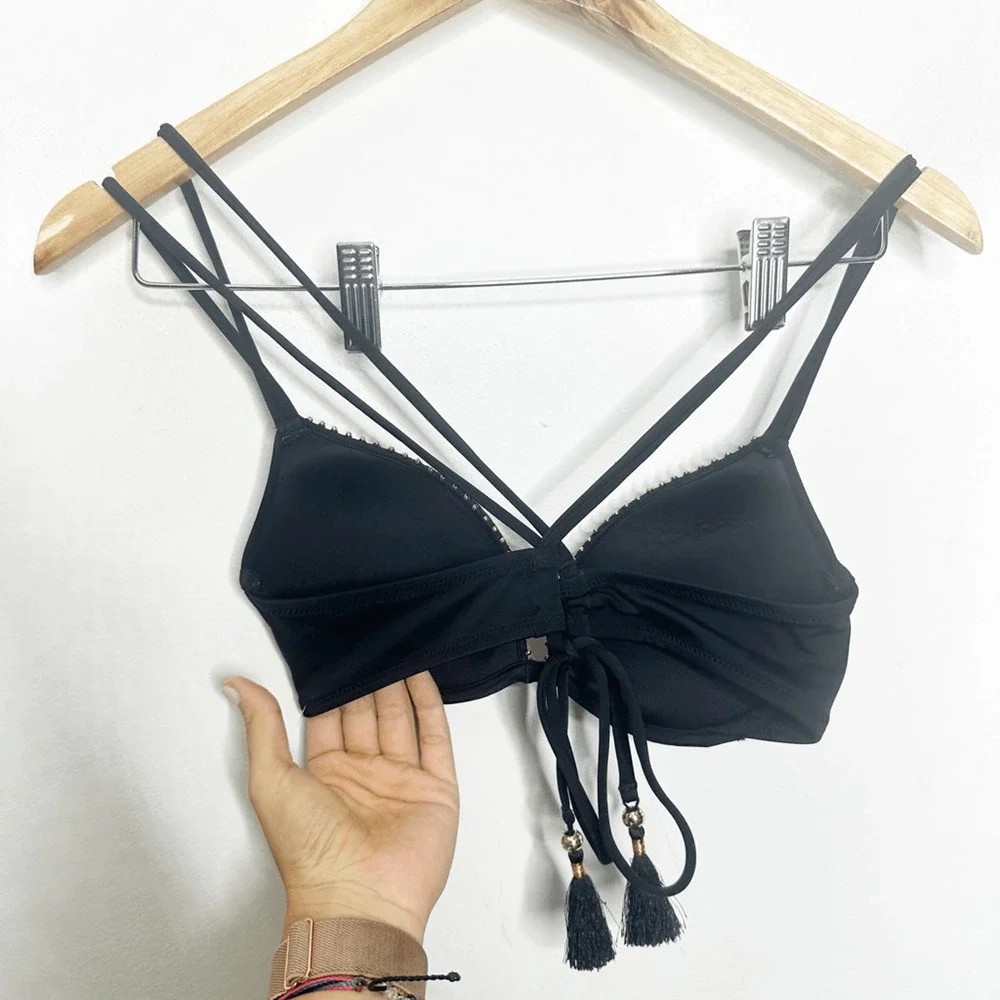 Y2K 00s VICTORIA'S SECRET THE GORGEOUS Push Up Bikini Tassel Black Underwire 34B - Picture 4 of 6